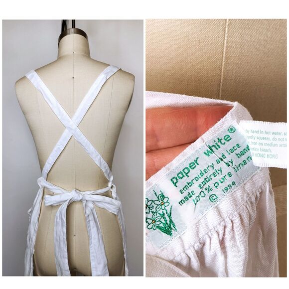 White LINEN Embroidered Apron - Cross Back - Cottage French Country Kitchen 50s - Picture 6 of 10